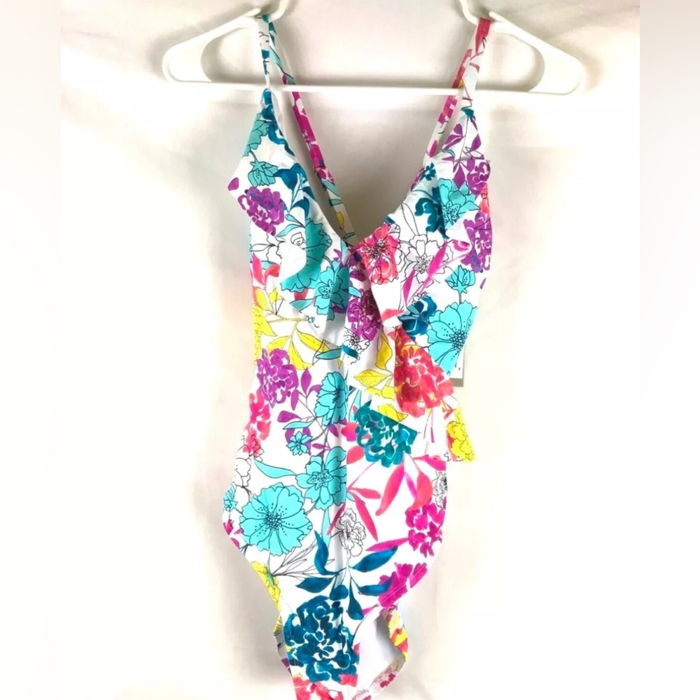 Kenneth Cole Womens V Neck Ruffle One Piece Floral Swimsuit Medium